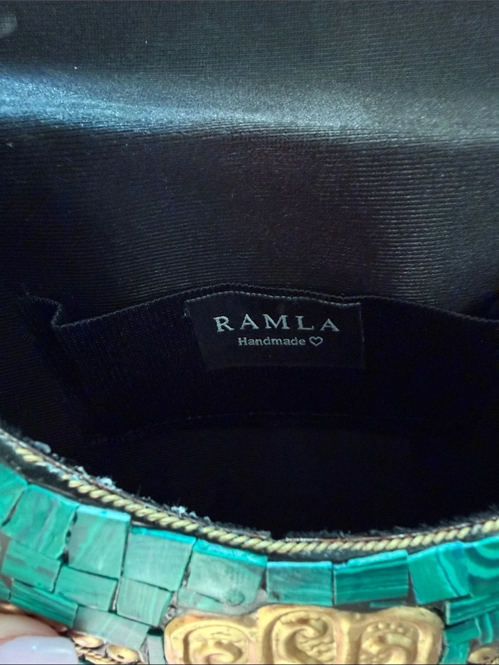 Ramla Green Mosaic Clutch with Gold Hamsa Accent Moroccan